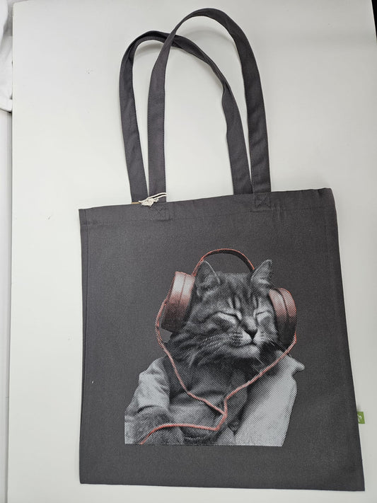 Cat with headphone Organic tote bag