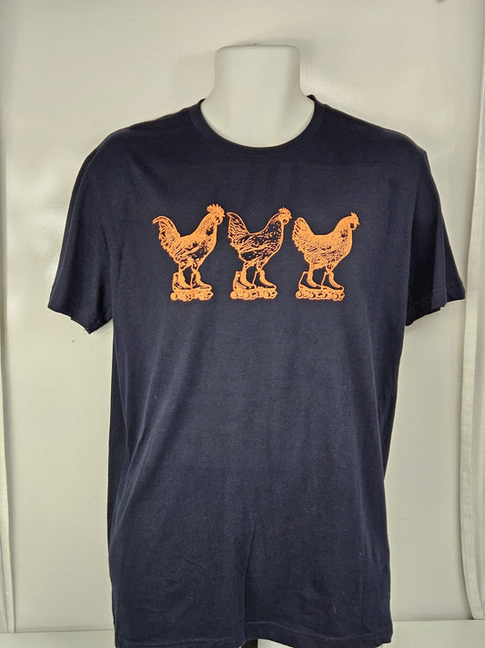 Roller skeating chickens mens t shirt