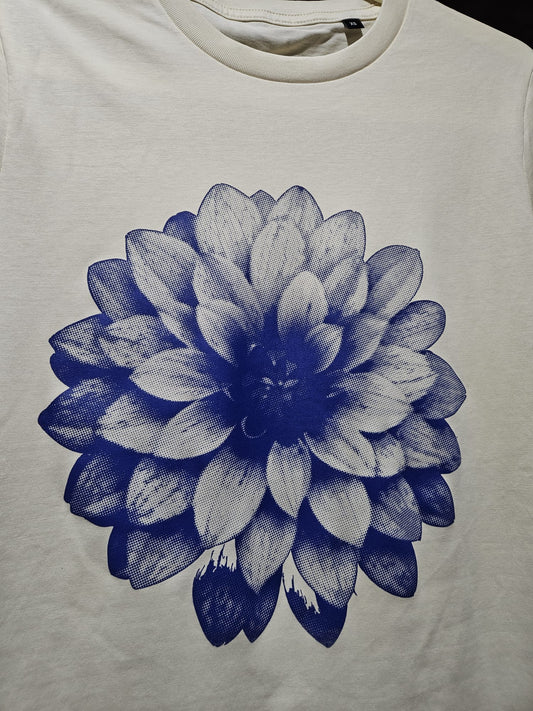 Blue dahlia flower print unisex organic t shirt