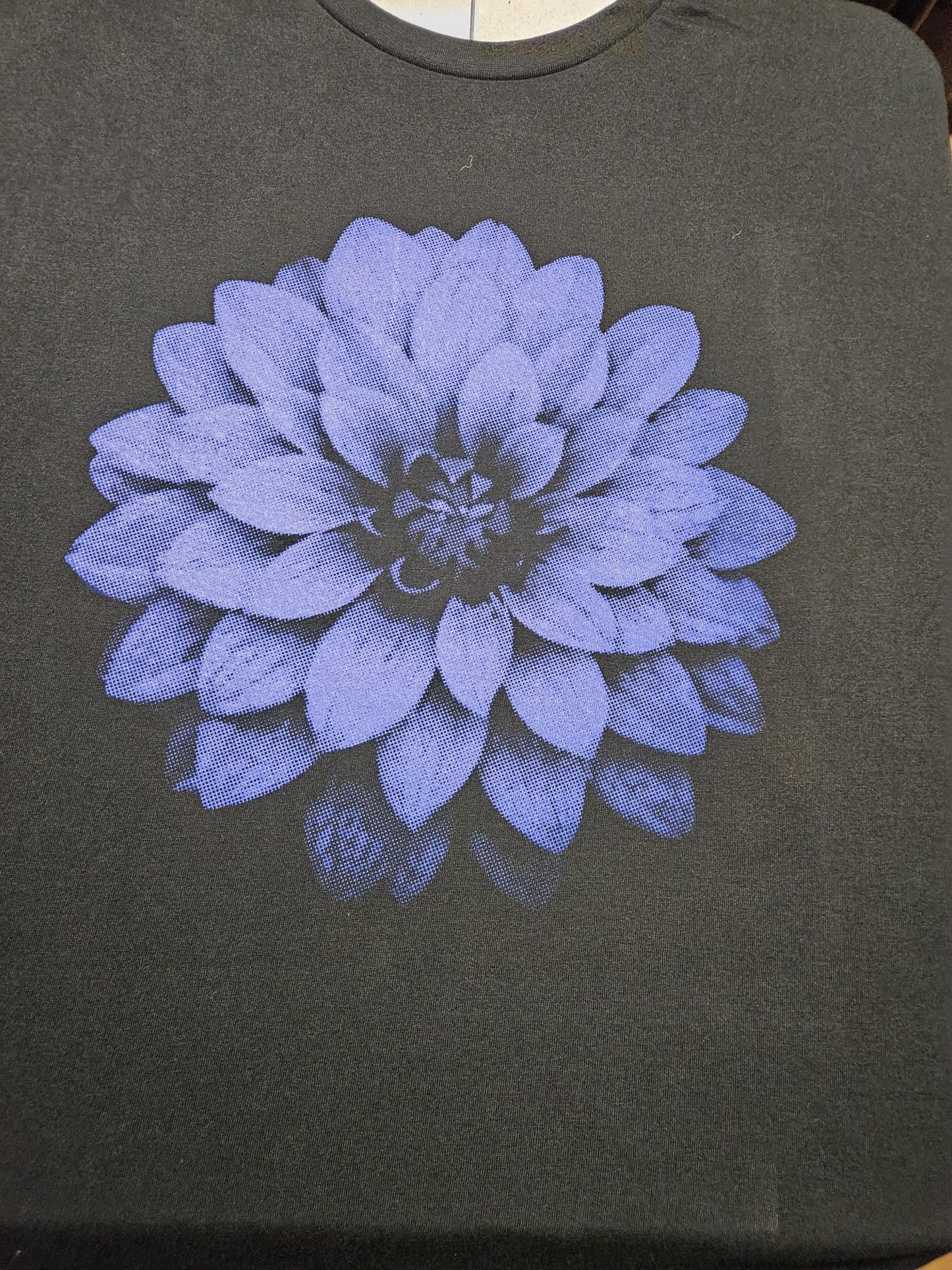 Blue dahlia flower black unisex organic t shirt