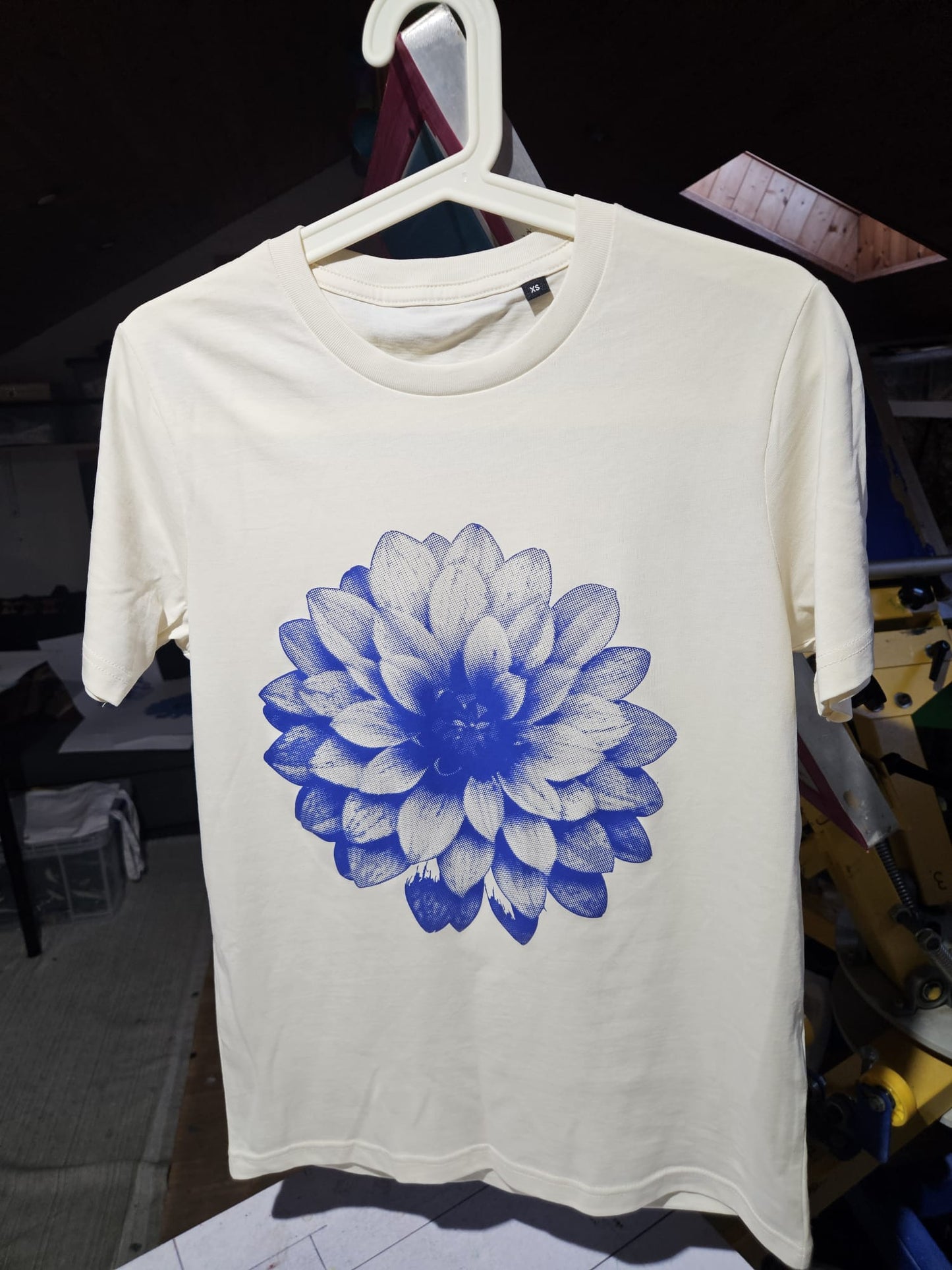 Blue dahlia flower print unisex organic t shirt
