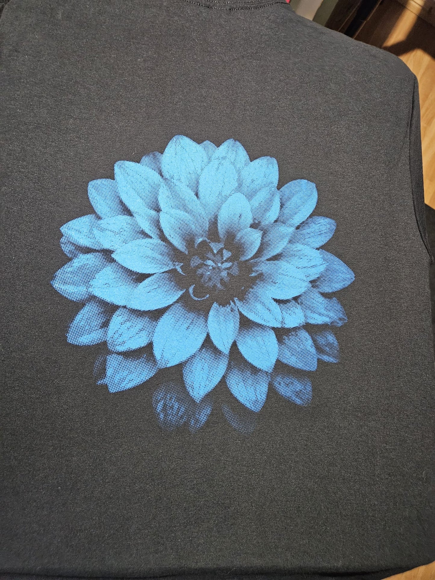 Blue dahlia flower black unisex organic t shirt