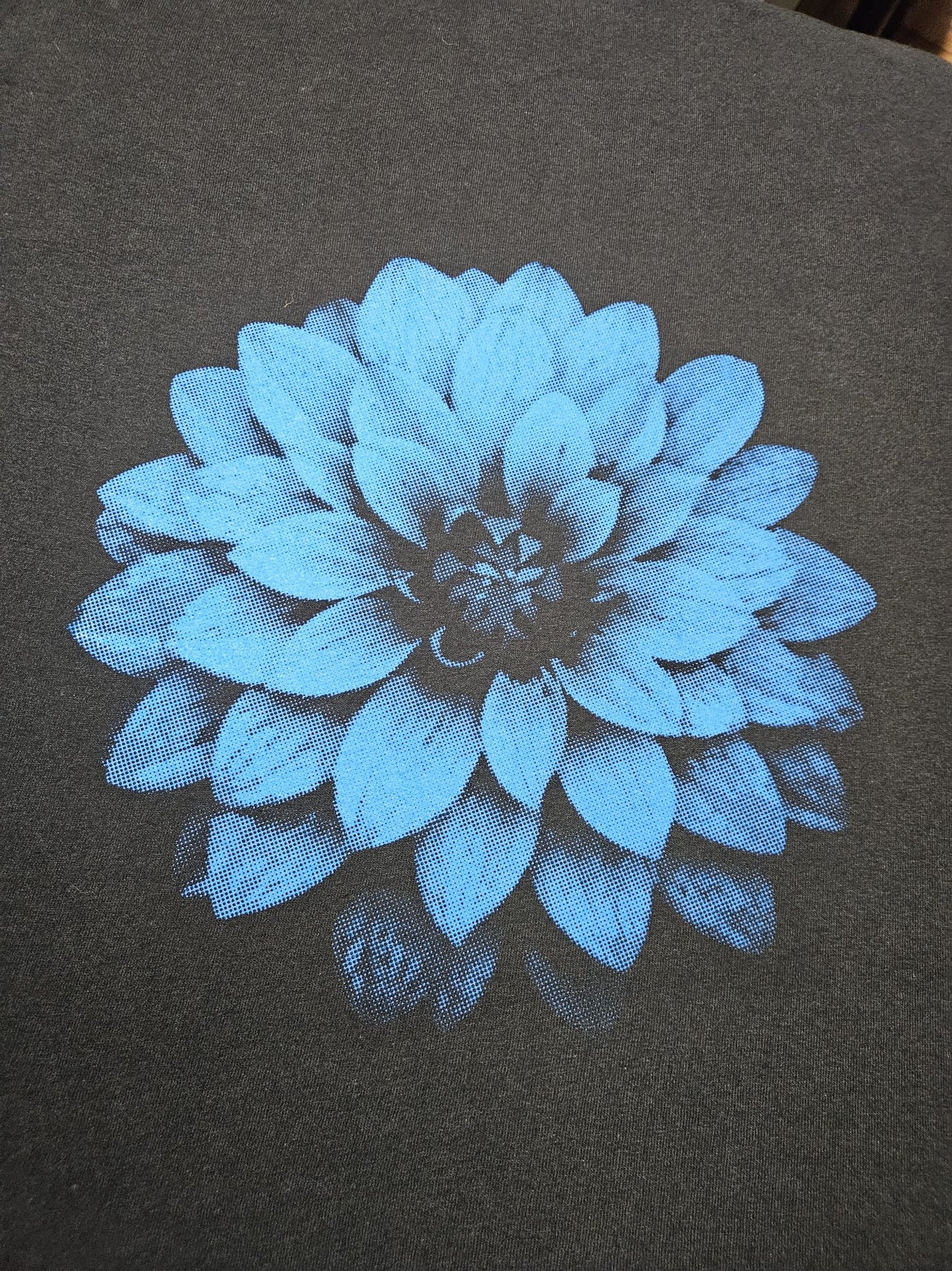 Blue dahlia flower black unisex organic t shirt