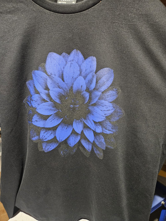 Blue dahlia flower black unisex organic t shirt
