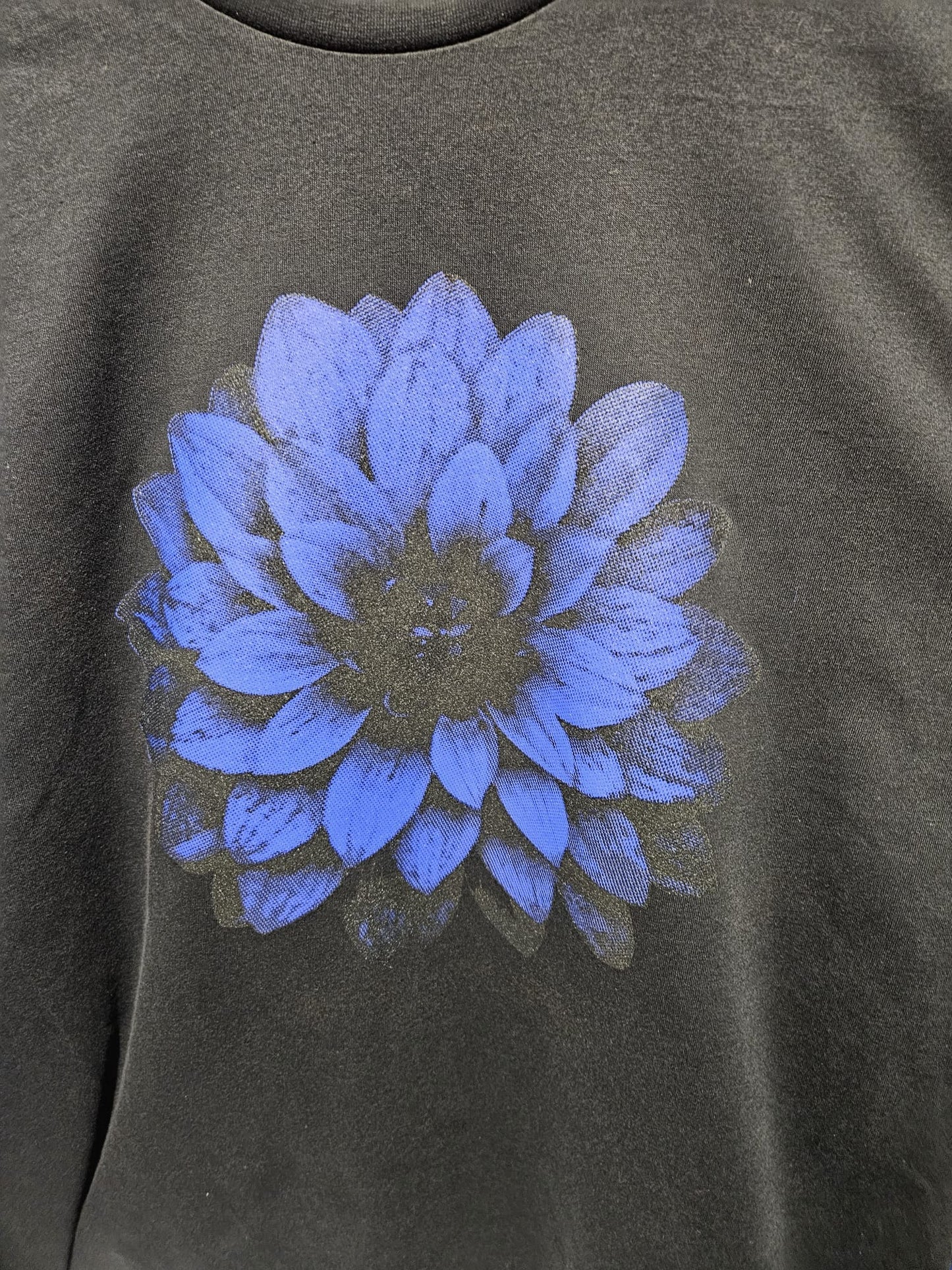 Blue dahlia flower black unisex organic t shirt